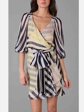 Diane Von Furstenberg Striped Wrap Mini Dress in Navy, Cream & Yellow